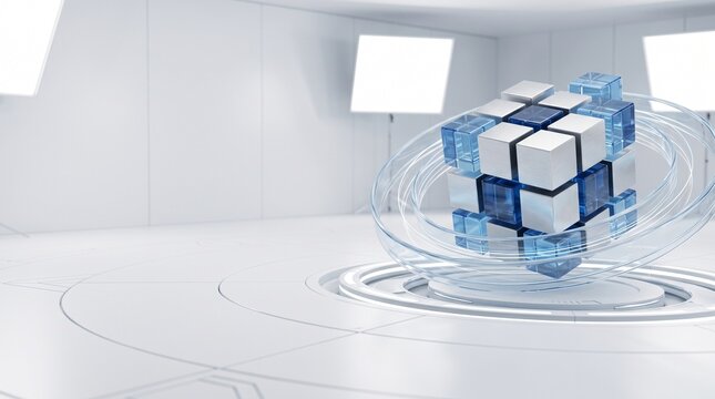 Abstract 3D cube structure with metallic and blue translucent blocks rotating within a transparent sphere in a futuristic white studio environment with soft lighting