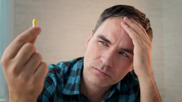 Sick man holding pills in hand, trying to swallow one, health treatment at home. painkillers for headache.