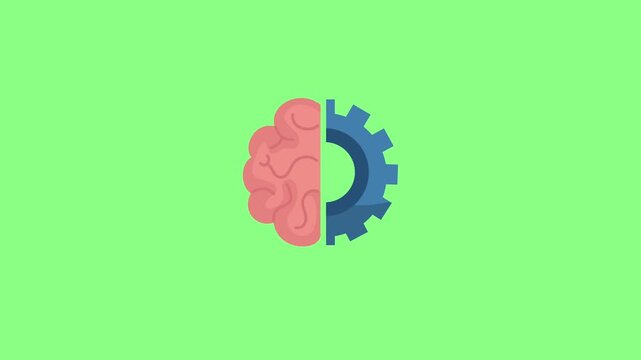 vector animated human brain split in half, combining biological brain power with a mechanical blue gear against a green screen