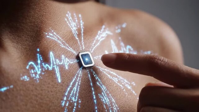 Chest microchip responds to touch with bright blue signals. Human finger activates compact sensor on skin, while luminous wave patterns spread outward in sleek futuristic health monitoring concept.