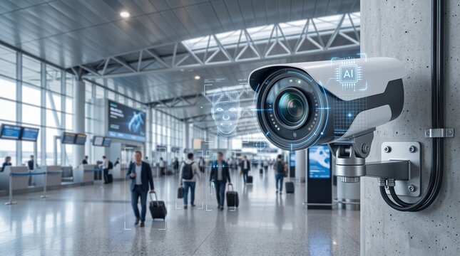 AI security camera with facial recognition technology scanning people in a busy airport terminal enhancing surveillance and safety systems