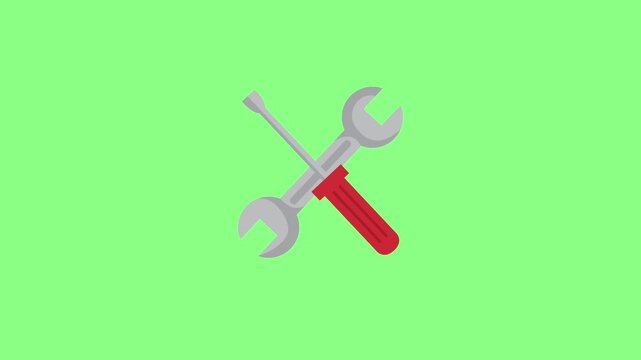 Flat vector animated crossed open-end wrench and screwdriver with a red handle against a green screen background