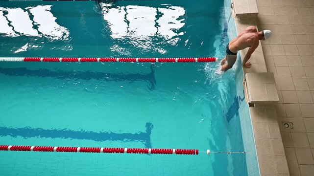 Top view of man reaching pool edge after swimming in indoor lap pool. Sport video captures workout finish, recovery moment, and athlete getting out of water after training session