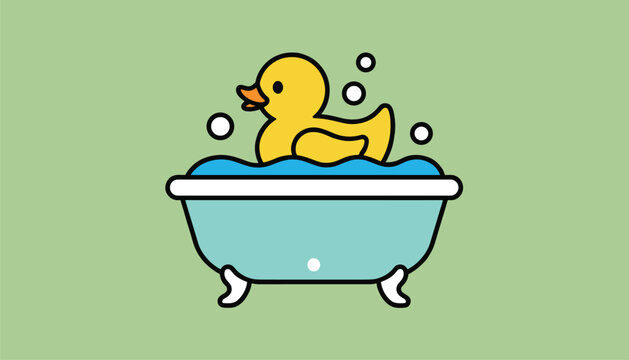 Cute yellow rubber duck floating in blue bubble bath water inside classic bathroom bathtub on green background.