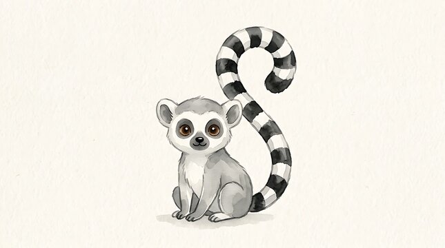 Cute cartoon ring-tailed lemur sitting on plain background