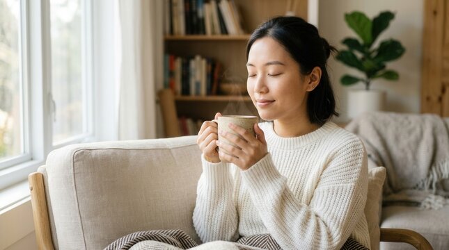 Cozy Woman Enjoying Warm Beverage Indoors During Winter Season
