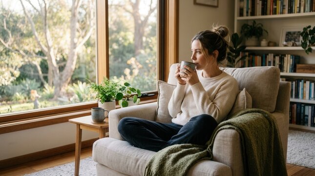 Cozy Woman Enjoys Coffee By Window With Bookshelf Background