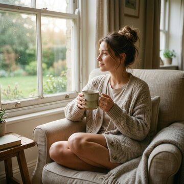 Cozy Woman Relaxing Indoors Holding Mug Looking Out Window with Garden View