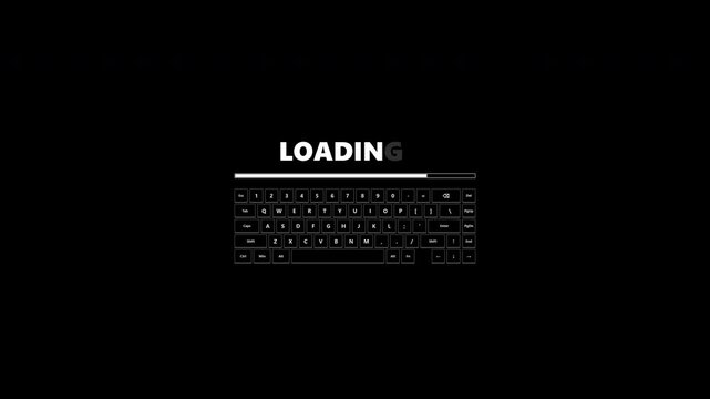 A minimalist black and white 65% keyboard loading screen with karaoke text fill, typo correction, animated dots, stepped progress bar, and Esc key layout. Built with HTML, CSS, and JavaScript.