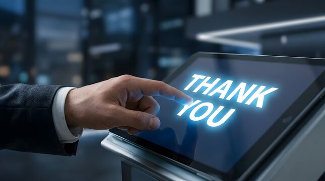 A businessman acknowledges a digital thank you message on a futuristic interface screen