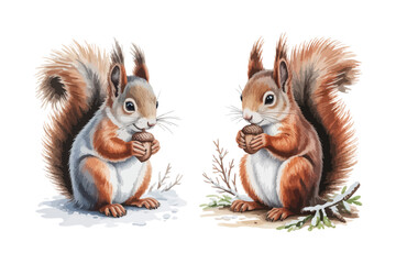 Fototapeta premium Watercolor Squirrel Winter Illustration, Forest Wildlife Animal, Vector Illustration Isolated on White Background