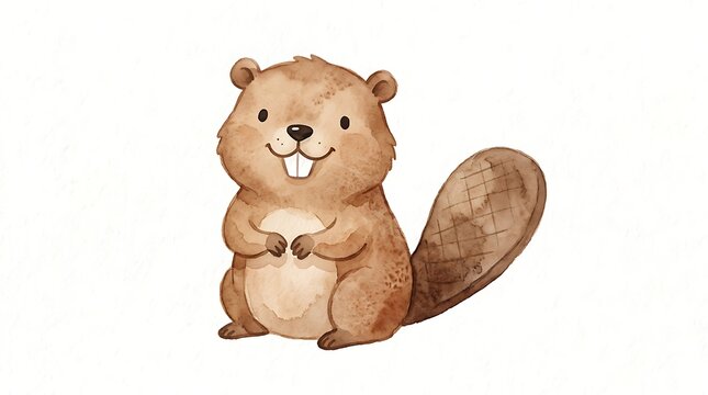 Cute cartoon beaver holding a small white ball with big flat tail