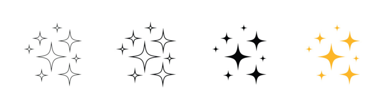 Sparkle star icon set featuring shining sparkle sparkle clusters in line bold solid and yellow gold styles for magic spark clean effect vector