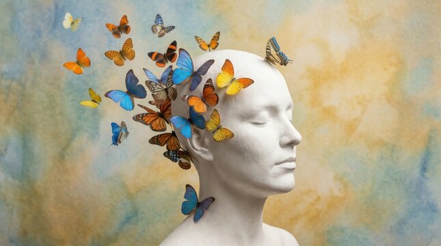 Creative Mind Metaphor Butterflies Emerging from Sculpture Head Symbolizing Ideas and Imagination