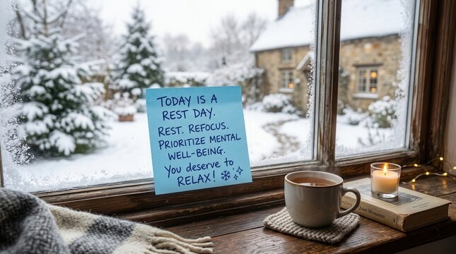 Cozy Winter Window View With A Motivational Message For Relaxation