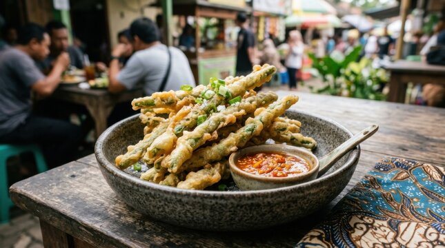 Crispy Fried Green Beans with Spicy Dipping Sauce Asian Street Food Restaurant Scene