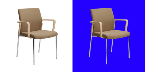 Fototapeta premium Modern ergonomic office chair with beige fabric seat and wooden armrests design transparent png
