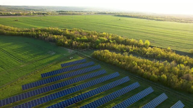 Aerial shot of solar farm with parallel lines across countryside. Evening sun, agricultural setting, and wide scale layout suit sustainability and alternative energy visuals