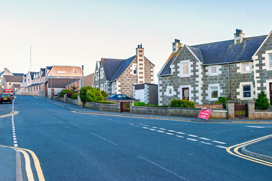 Residential street with stone houses in Lerwick, Shetland