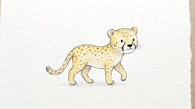 Cute cartoon cheetah cub walking on plain background
