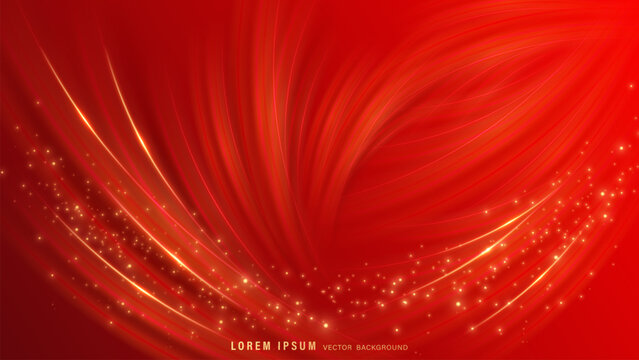 Abstract red flowing light wave vector background with golden sparkles