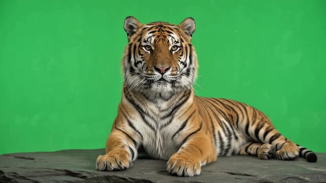 Bengal tiger resting on slate rock blinking and looking into camera against green screen studio background
