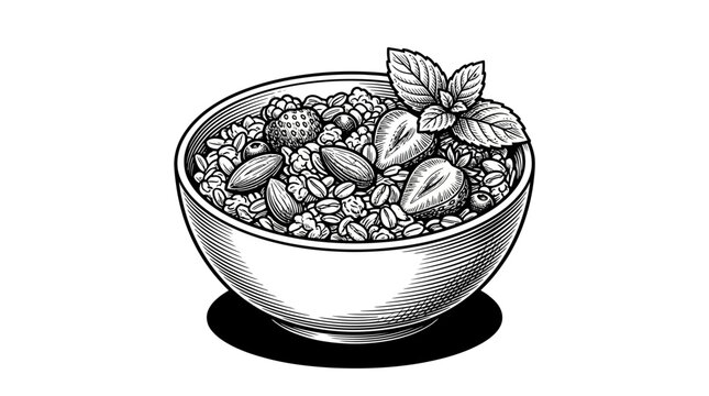 The Image Is A Black And White Illustration Of A Bowl Of Nuts The Bowl Is
