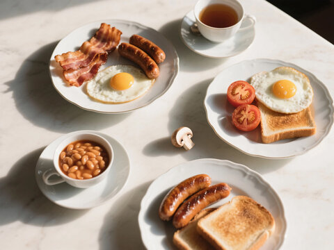 Traditional breakfast plates featuring cooked eggs, crispy bacon strips, savory sausages, toasted bread, baked beans, fresh tomatoes, and hot tea arranged neatly on a bright white table top surface