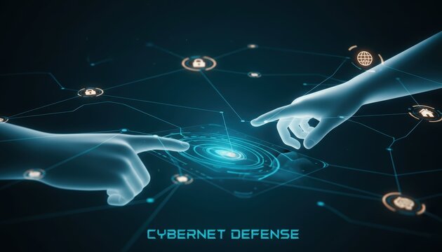 Two glowing digital hands reaching towards a central network hub with interconnected nodes and security icons, symbolizing cybernet defense and secure digital connection.