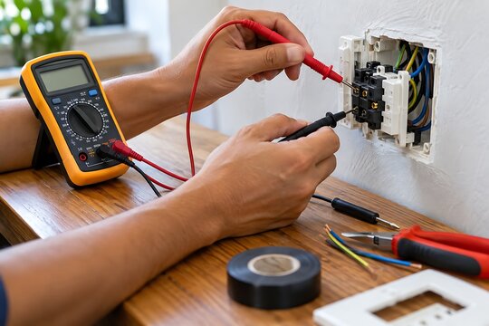 Electrician testing wall socket with digital multimeter