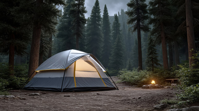 Tent forest night campsite campfire pine outdoor adventure peaceful glowing wilderness travel nature relaxation shelter