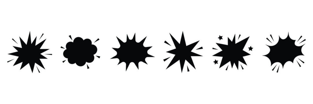 Comic book speech bubble boom blast burst silhouette set, starburst cloud explode graphic frame collection.