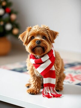 Furry brown dog wearing red white and green scarf proudly sitting on a flat surface, flag, green