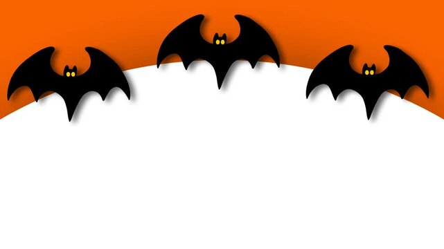 Cute Halloween background frame template with animated black bats flapping wings on orange cut paper border.