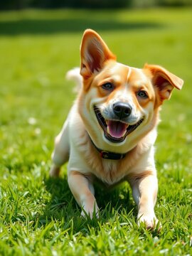 Full-length portrait of a happy dog playing on lush green grass lawn on a sunny summer day, nature, ||green