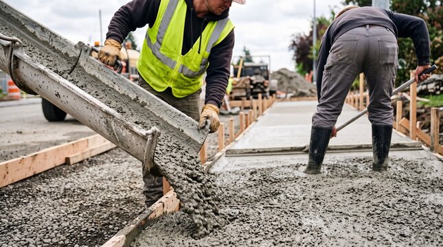 Construction worker guiding wet cement chute to pour concrete on gravel base. Laborer leveling fresh mixture with rake during municipal sidewalk paving project.