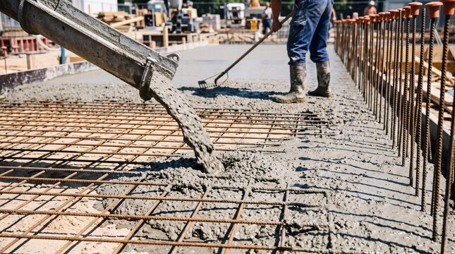 Construction worker pouring wet cement mixture through chute onto rebar reinforcement grid at building foundation site. Builder leveling fresh material for solid slab installation.