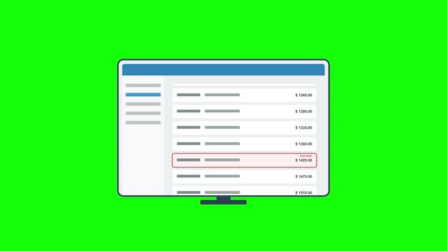 Flat design computer monitor animation showing software dashboard with transaction error and loading popup on green screen.