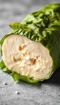 Fresh goat cheese log with creamy texture and leafy green wrapping, green, log