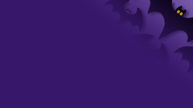 Animated Halloween purple background with spooky flying bats and glowing yellow eyes.