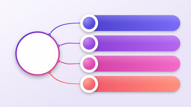 Modern 3d infographic diagram template with 4 horizontal options and circle central node for business process workflow design.