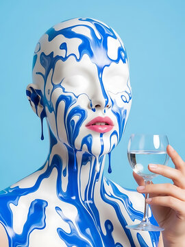 Bald mannequin head covered in glossy blue paint drips holding a clear crystal glass of water