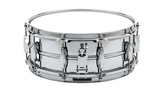 Acoustic drum kit snare with a polished chrome shell, tightly tuned white batter head, and sturdy metal tuning lugs. Photorealistic, top 3/4 view, horizontal orientation, ultra-high-resolution 8K, on