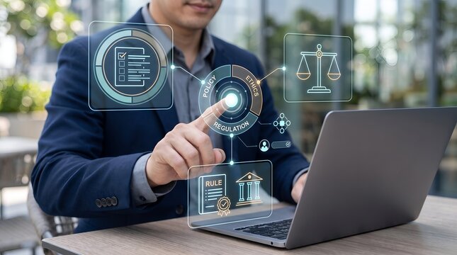 Corporate policy ethics and regulatory compliance interface supporting responsible governance and business accountability
