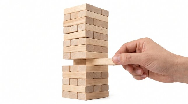 Wooden block tower game with human hand pulling piece carefully isolated on white background