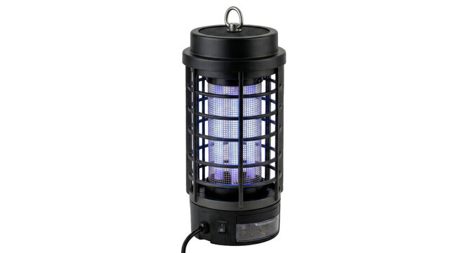 Electric bug zapper with protective outer grid, cylindrical housing and integrated ultraviolet light chamber, practical outdoor insect-control device with durable construction. Photorealistic studio