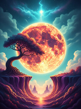 Twisted ancient tree stands silhouetted against a glowing vibrant orange moon in deep twilight night