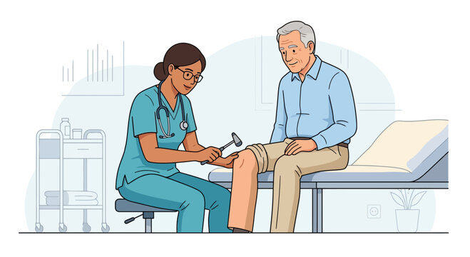 Nurse examining elderly man's knee reflex with a reflex hammer during a medical check-up