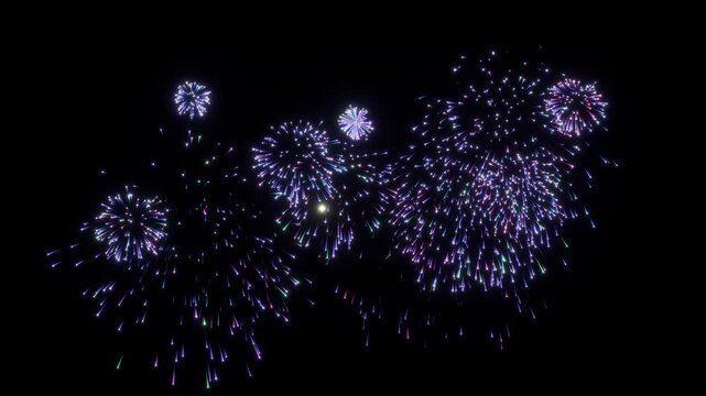 アメジスト色の花火が漆黒の夜空に連続して咲く10秒4Kループ動画。夏祭りや音楽イベント、配信背景に最適なシネマティック素材