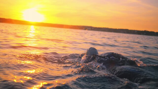 A young athlete cuts through the water at dawn, sunlight glinting off her determined face, her powerful strokes echoing the relentless rhythm of triathlon training.